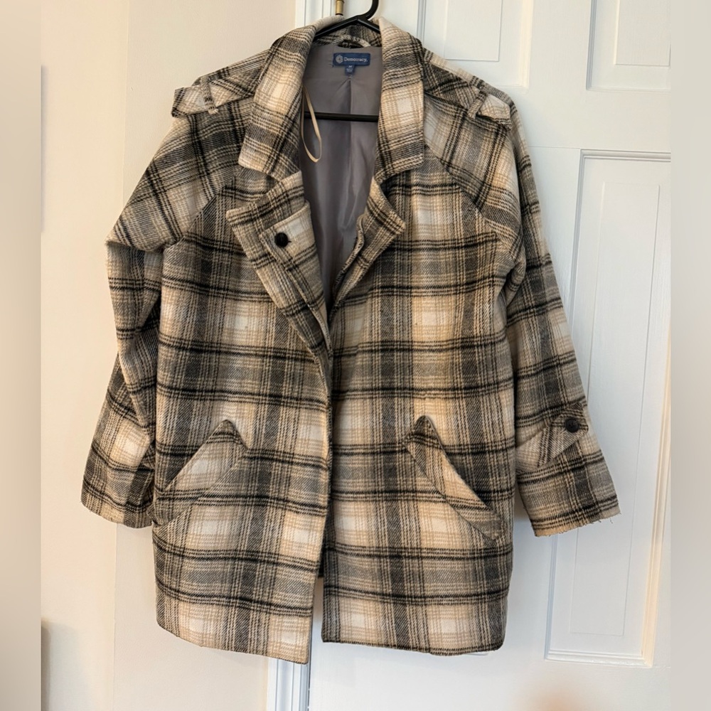 Democracy Plaid Pea Coat in Cream and Black